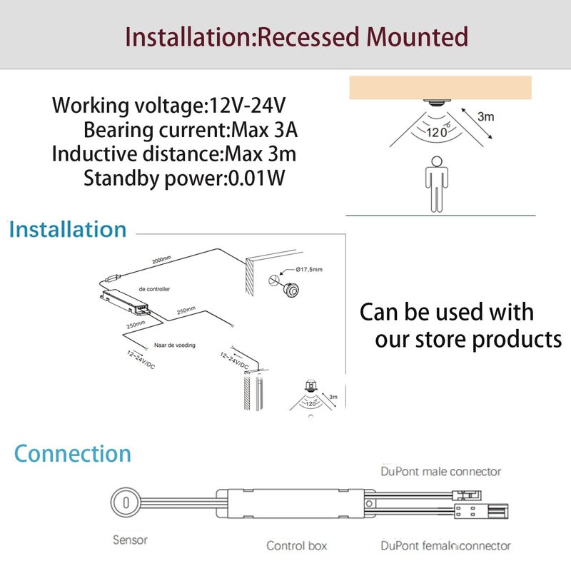 VST Motion Sensor Light Switch, IR Sensor Switch, Led Light Automatic Switch for Closet Light Under Cabinets Counters Wardrobes with 12V JST Male and Female (DC 12/24V 3A) - Image 4